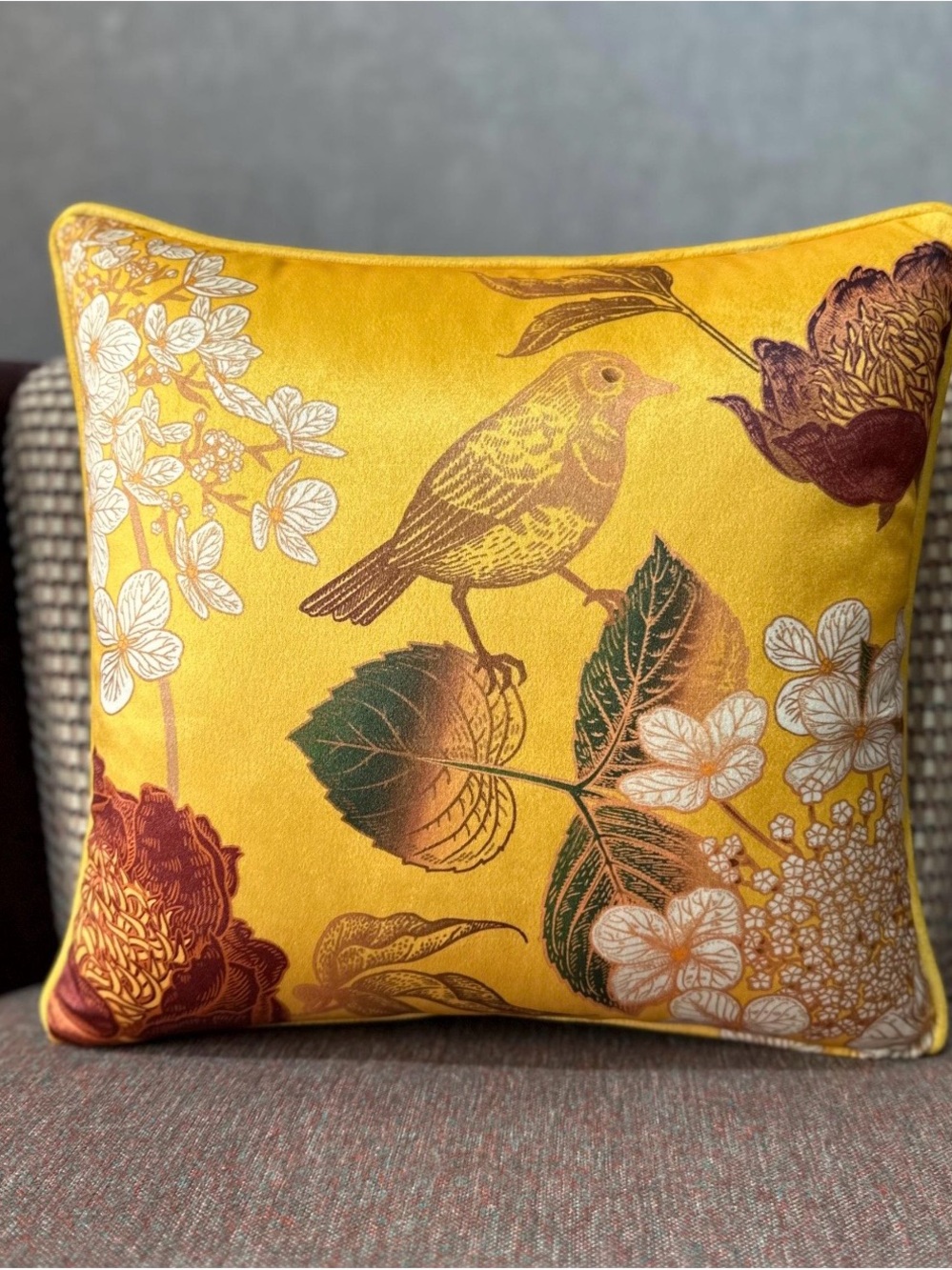 Botanical Bird Yellow Accent Pillow - Luxurious Floral Throw